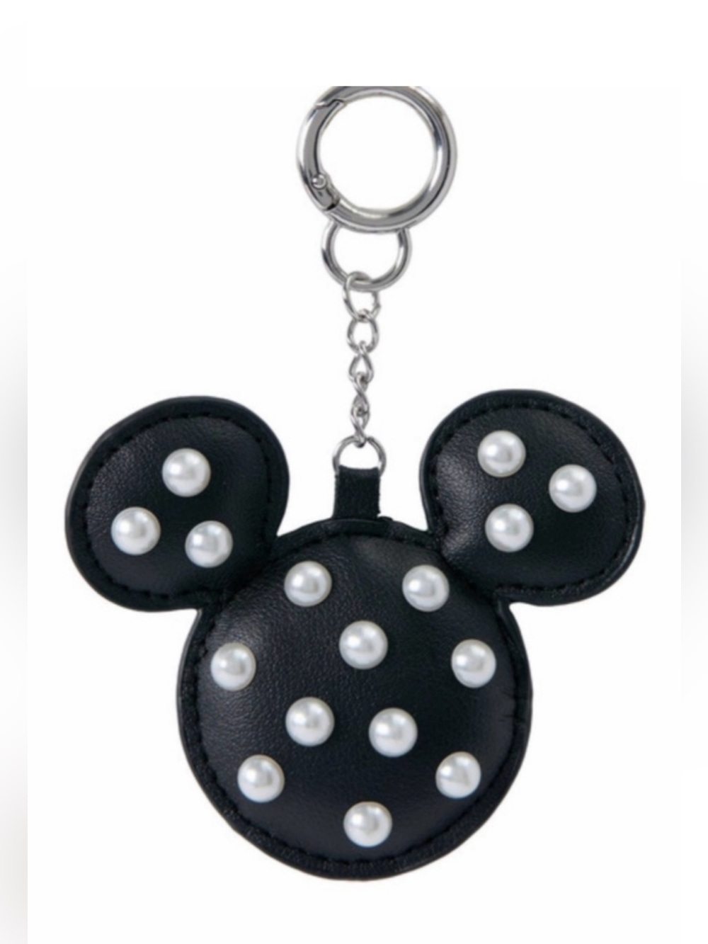 Disney Mickey Mouse  Black Faux-Leather Keychain bag charm with pearl accents